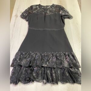 Shoshanna Black Lace Trim Short Sleeve Ruffle Hem Dress Knee Length Dress, Sz 8